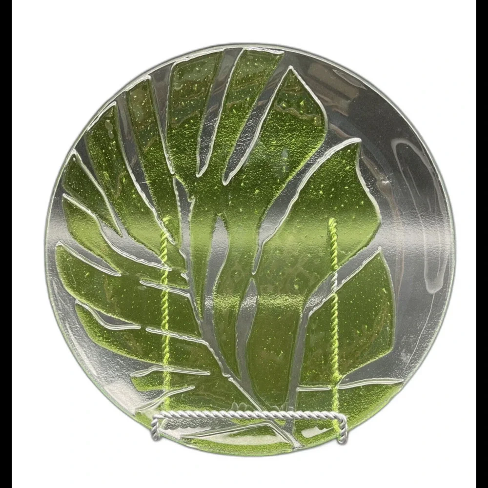 Crate & Barrel Fused Art Glass GREEN‎ LEAF Round Platter 11.75”